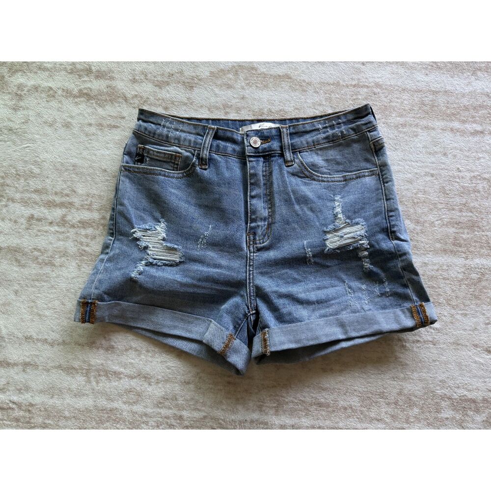 KanCan Denim Shorts Size 27 Distressed Light Wash Cuffed Stretch Jean Shorts